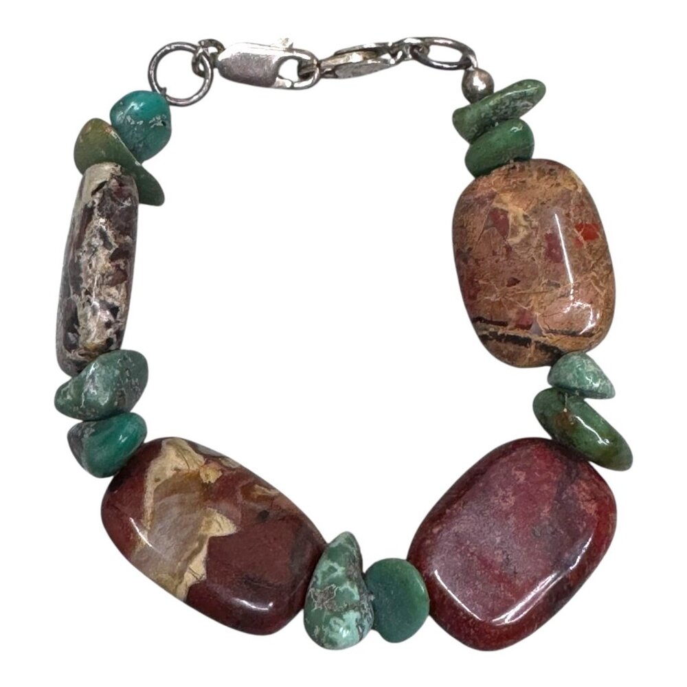 Vintage Chunky Artisan Natural Stone Turquoise Jasper Bracelet Sterling 5.5"